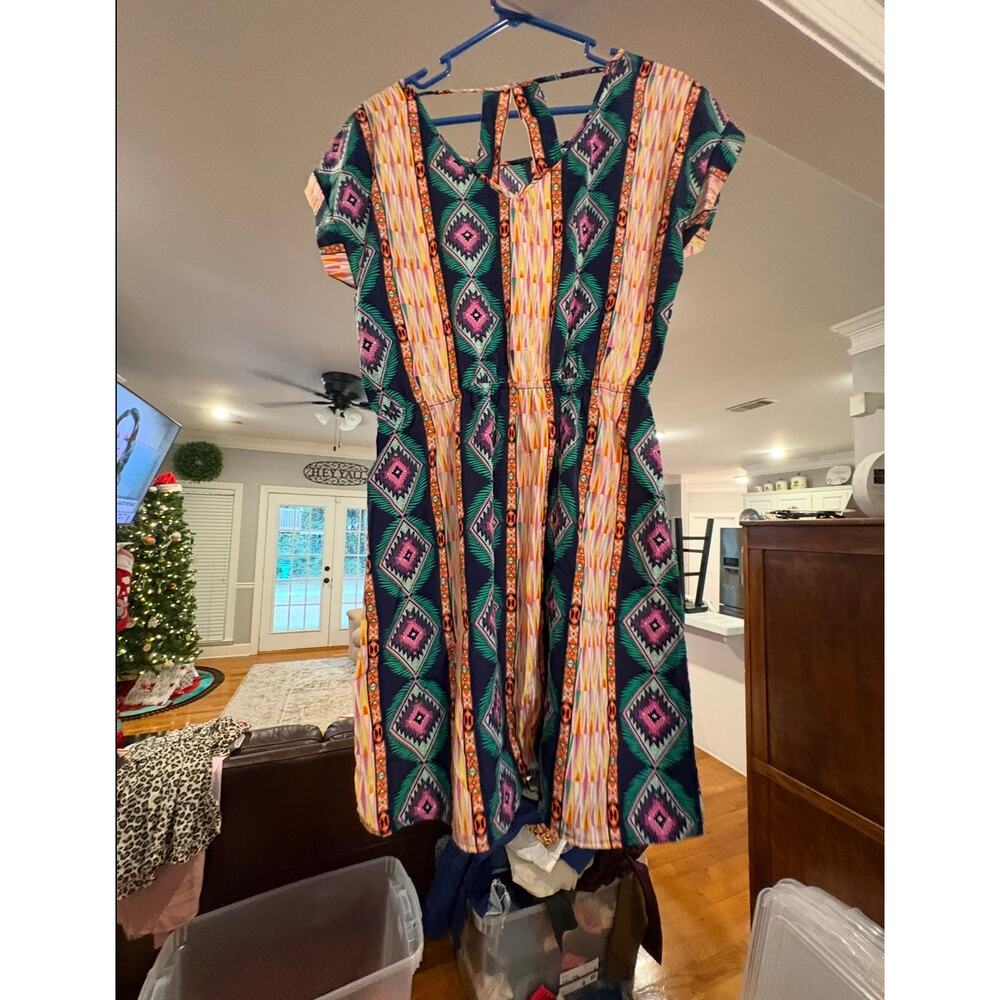 Pink Rose Romper Womens Large L Boho Tribal Print Multicolor Short Sleeve - Picture 3 of 4